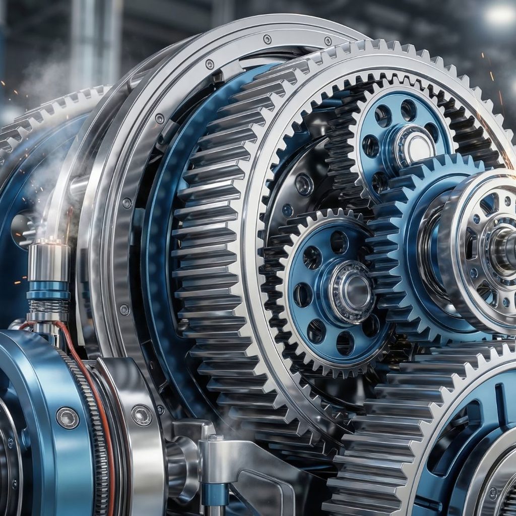 Close-up of large, intermeshed metal gears operating heavy machinery inside a South Carolina industrial plant.