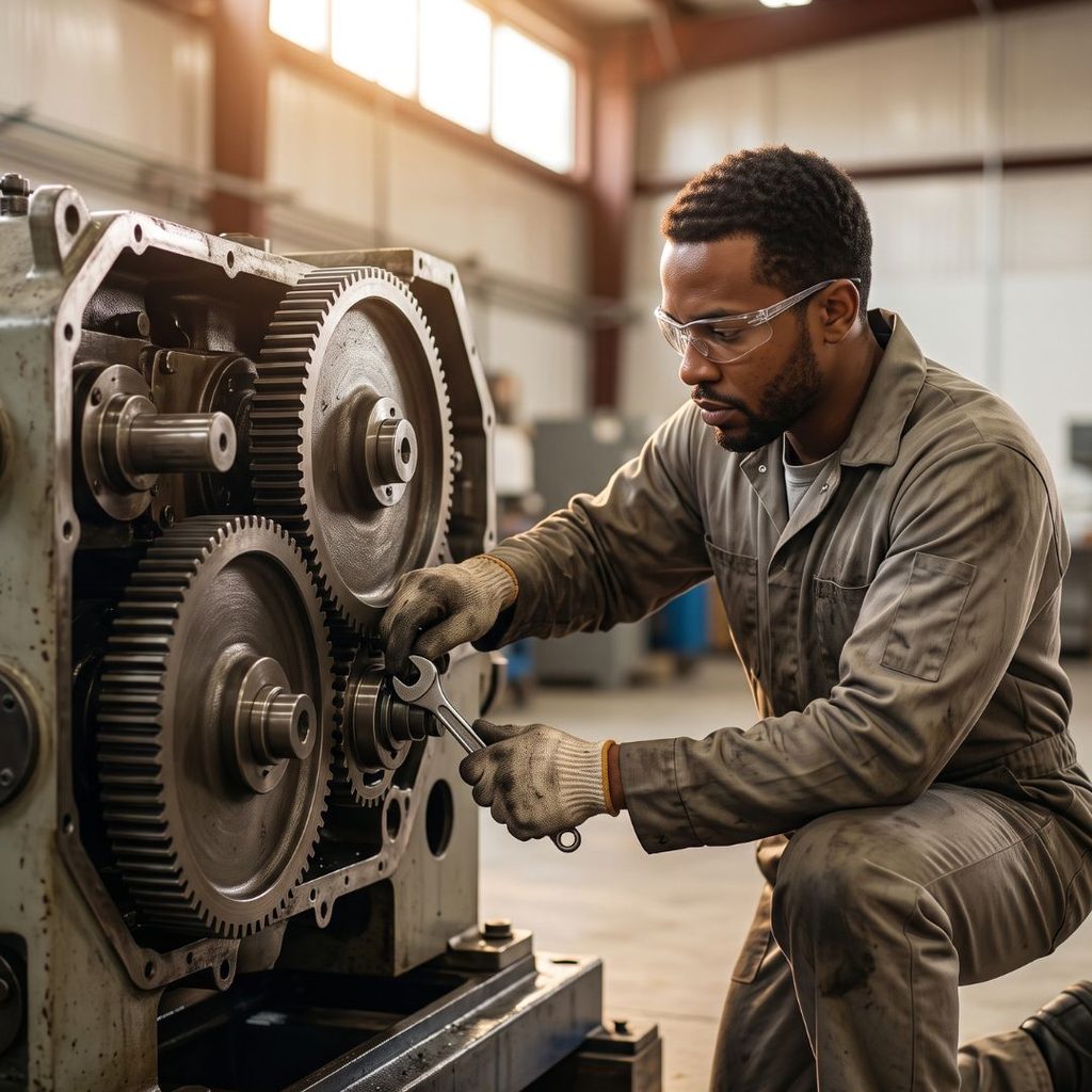 Focused mechanic repairs intricate components of industrial machinery inside a South Carolina manufacturing workshop.