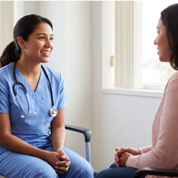 A nurse sitting and conversing with a professional advocate, showing an expression of relief.
