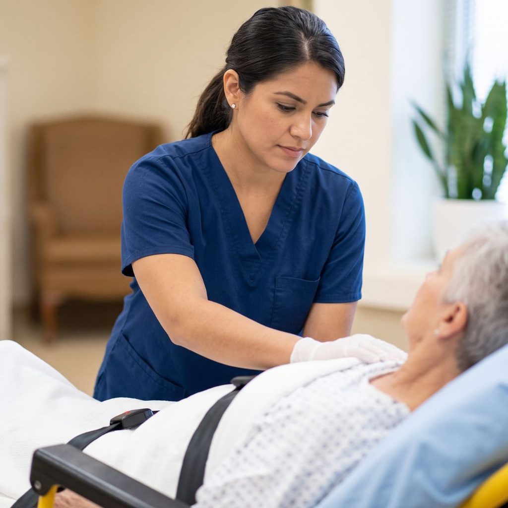 A focused healthcare professional secures a patient in preparation for a hospital bed transfer.