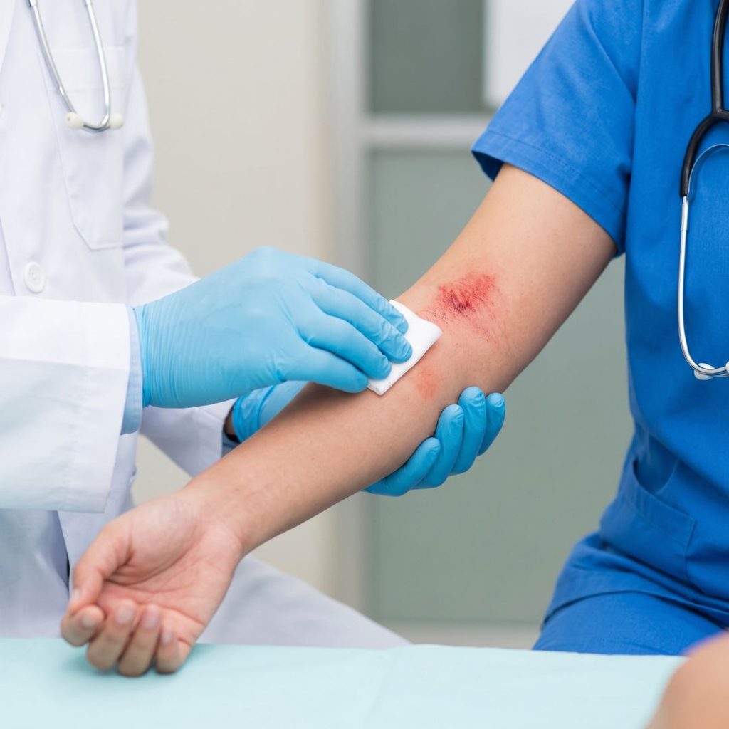 A close-up view of a doctor’s gloved hand applying medical treatment to an injured nurse’s forearm.