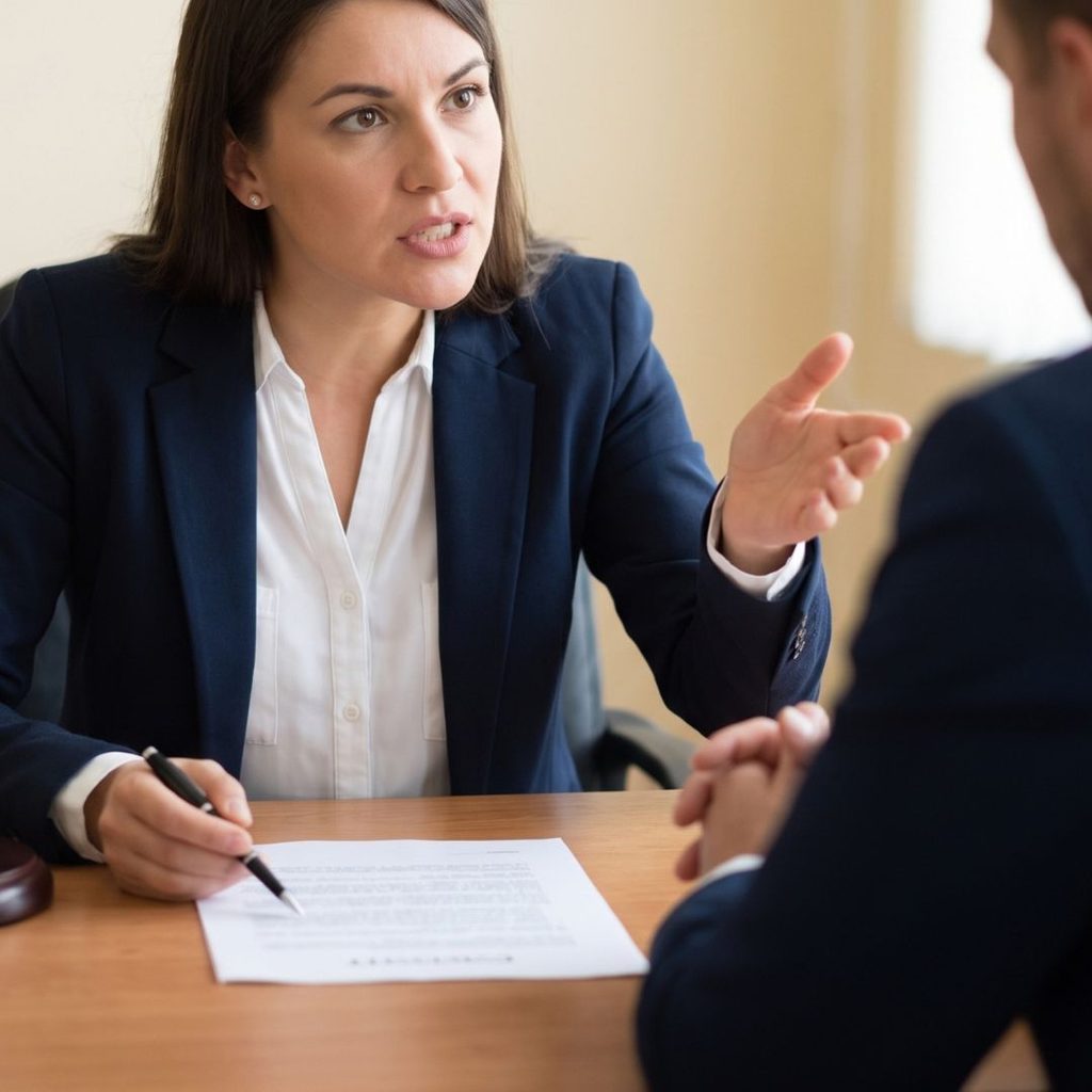 A determined legal advocate makes a firm, persuasive argument on behalf of an injured worker during a hearing.