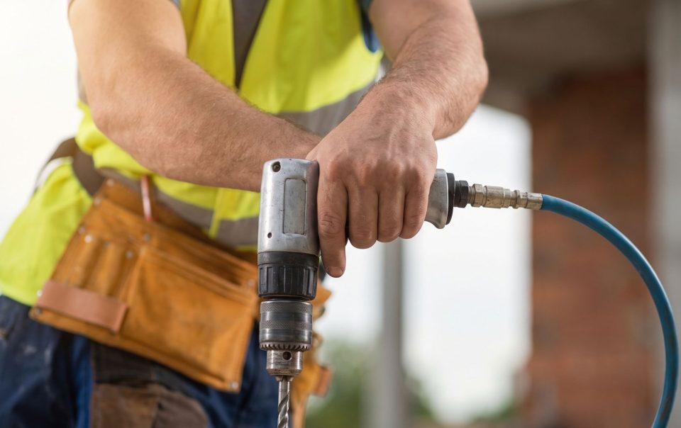 A close-up of a construction worker's hand gripping a large pneumatic drill on a job site.
