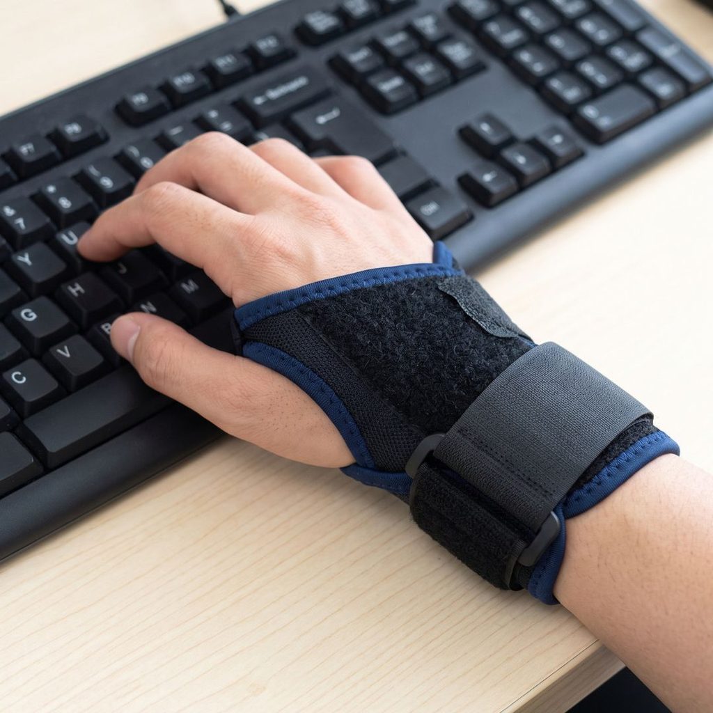A person's hand wearing a black wrist brace types on a computer keyboard.