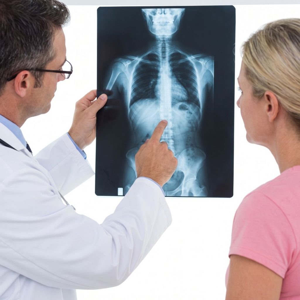 A doctor in a white coat points to an X-ray of a spine while a patient looks on.