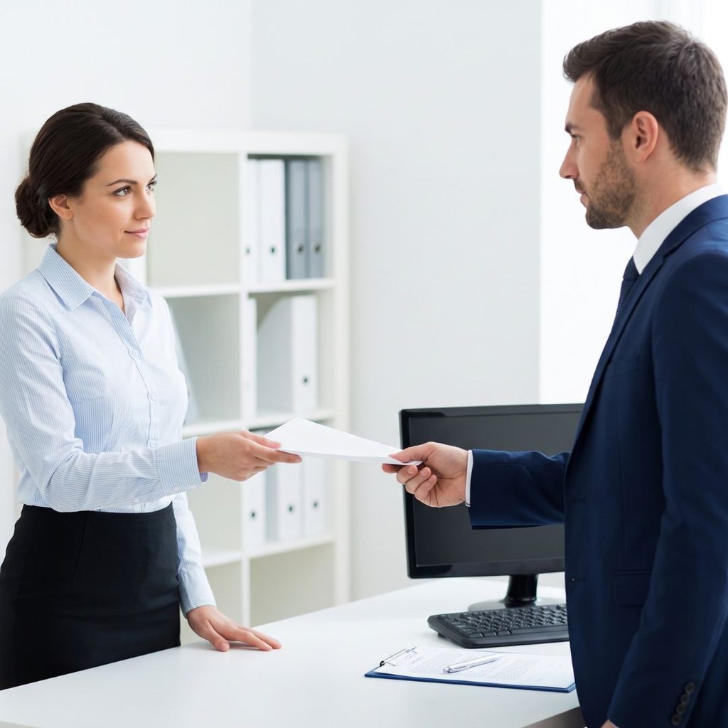 An employee hands a document over a desk to a standing manager in a modern office.