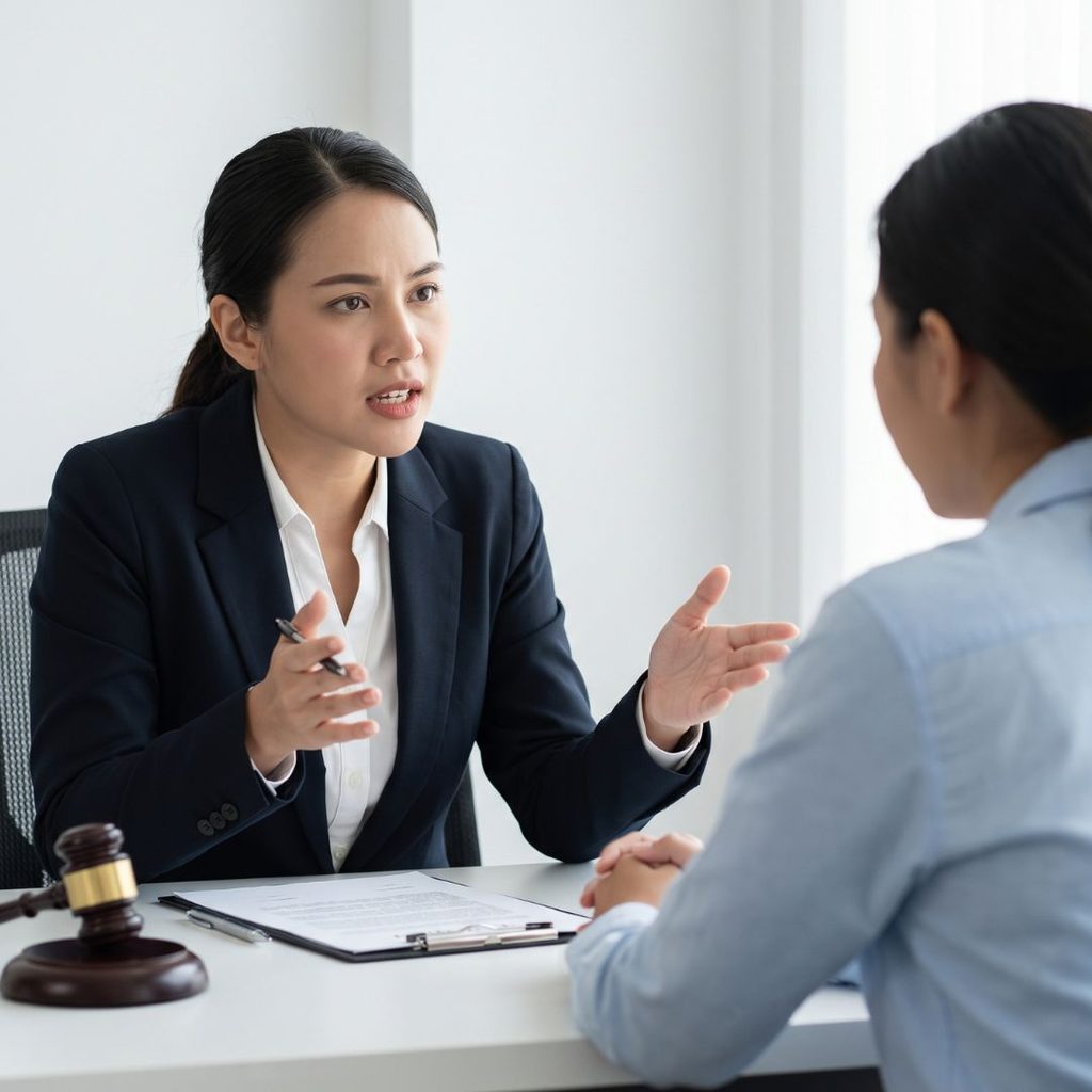 A determined legal advocate in a blazer speaks with a client in a well-lit consultation room.