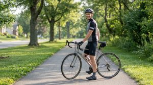 A realistic, professional 4K candid photograph of a smiling cyclist in their late 30s pausing with a lightweight road bicycle along a peaceful, paved suburban greenway on a clear morning. Wearing cycling gear—a helmet, jersey, and athletic shorts—they are standing comfortably beside their bike, looking toward the camera with a natural, happy expression. Soft, early morning sunlight filters through the mature trees, casting gentle shadows on the paved path. The greenway is bordered by lush grass, leafy foliage, and hints of a residential area in the far background. Photographer: candid, natural depth of field with the cyclist and bike in sharp focus and the scenic outdoor surroundings gently blurred. Captured on a digital camera with natural outdoor lighting, emphasizing a peaceful, active morning. No text, logos, or overlays.