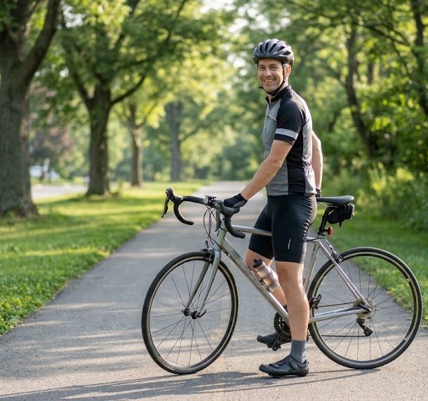 A realistic, professional 4K candid photograph of a smiling cyclist in their late 30s pausing with a lightweight road bicycle along a peaceful, paved suburban greenway on a clear morning. Wearing cycling gear—a helmet, jersey, and athletic shorts—they are standing comfortably beside their bike, looking toward the camera with a natural, happy expression. Soft, early morning sunlight filters through the mature trees, casting gentle shadows on the paved path. The greenway is bordered by lush grass, leafy foliage, and hints of a residential area in the far background. Photographer: candid, natural depth of field with the cyclist and bike in sharp focus and the scenic outdoor surroundings gently blurred. Captured on a digital camera with natural outdoor lighting, emphasizing a peaceful, active morning. No text, logos, or overlays.