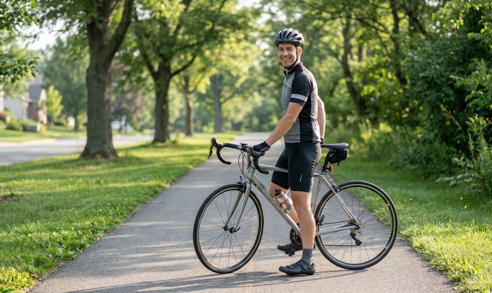 A realistic, professional 4K candid photograph of a smiling cyclist in their late 30s pausing with a lightweight road bicycle along a peaceful, paved suburban greenway on a clear morning. Wearing cycling gear—a helmet, jersey, and athletic shorts—they are standing comfortably beside their bike, looking toward the camera with a natural, happy expression. Soft, early morning sunlight filters through the mature trees, casting gentle shadows on the paved path. The greenway is bordered by lush grass, leafy foliage, and hints of a residential area in the far background. Photographer: candid, natural depth of field with the cyclist and bike in sharp focus and the scenic outdoor surroundings gently blurred. Captured on a digital camera with natural outdoor lighting, emphasizing a peaceful, active morning. No text, logos, or overlays.