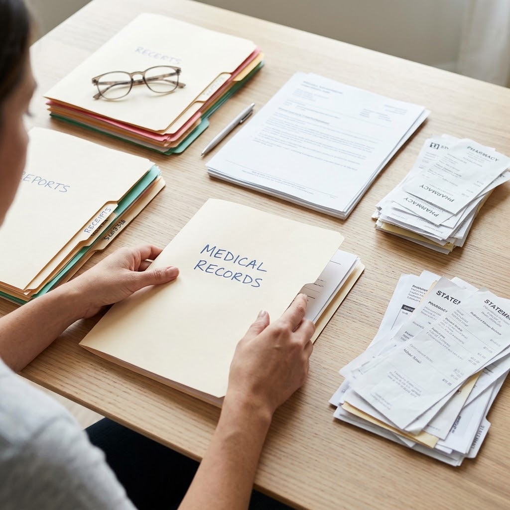 A photograph of a person's hands organizing neat stacks of medical folders, receipts, and paperwork on a light-grained wooden table, captured from an over-the-shoulder perspective. The hands actively handle a manila folder in the center labeled "MEDICAL RECORDS." To the left, several organized folders are stacked, with labeled tabs such as "REPORTS" and "RECEIPTS," with a pair of eyeglasses resting on top of one stack. A silver pen sits next to printed documents in the center. On the right, organized stacks of receipts, invoices, and pharmacy statements are visible. The natural daylight softly illuminates the table, highlighting the texture of the papers and creating a natural, candid feel of organization.