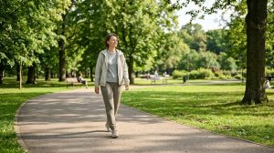 An adult in their early 40s strolling peacefully along a paved park trail on a bright, sunny afternoon. Wearing casual outdoor attire like a light jacket and comfortable pants, they have a gentle, content expression as they walk. The paved trail curves through a lush public park filled with mature green trees, open grassy areas, and dappled sunlight. In the background, other park-goers and distant foliage are softly out of focus under the warm, natural daylight. Camera: natural candid depth of field.