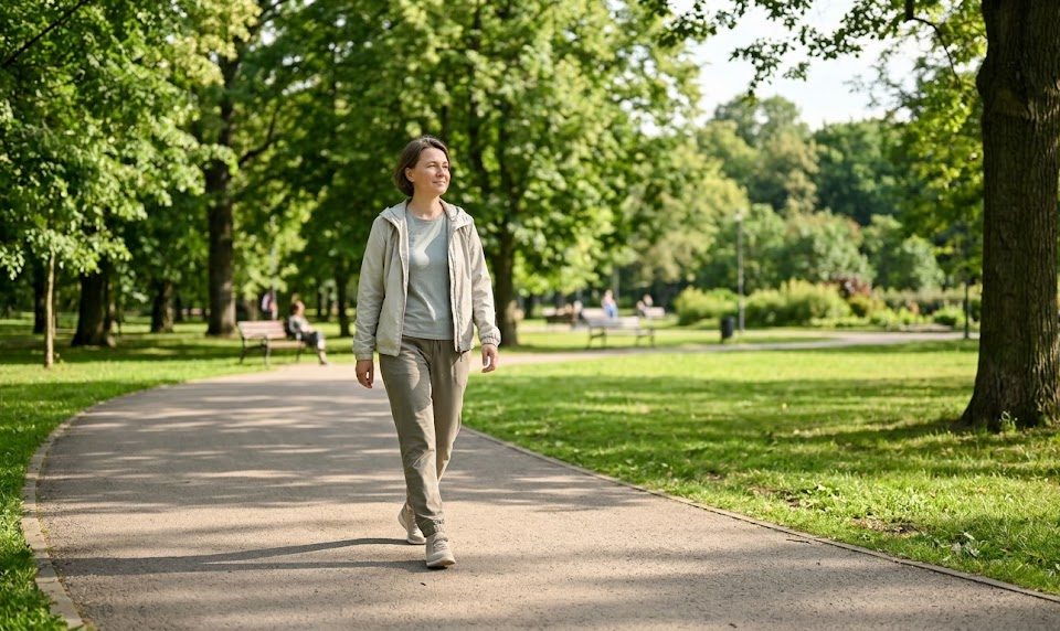 An adult in their early 40s strolling peacefully along a paved park trail on a bright, sunny afternoon. Wearing casual outdoor attire like a light jacket and comfortable pants, they have a gentle, content expression as they walk. The paved trail curves through a lush public park filled with mature green trees, open grassy areas, and dappled sunlight. In the background, other park-goers and distant foliage are softly out of focus under the warm, natural daylight. Camera: natural candid depth of field.