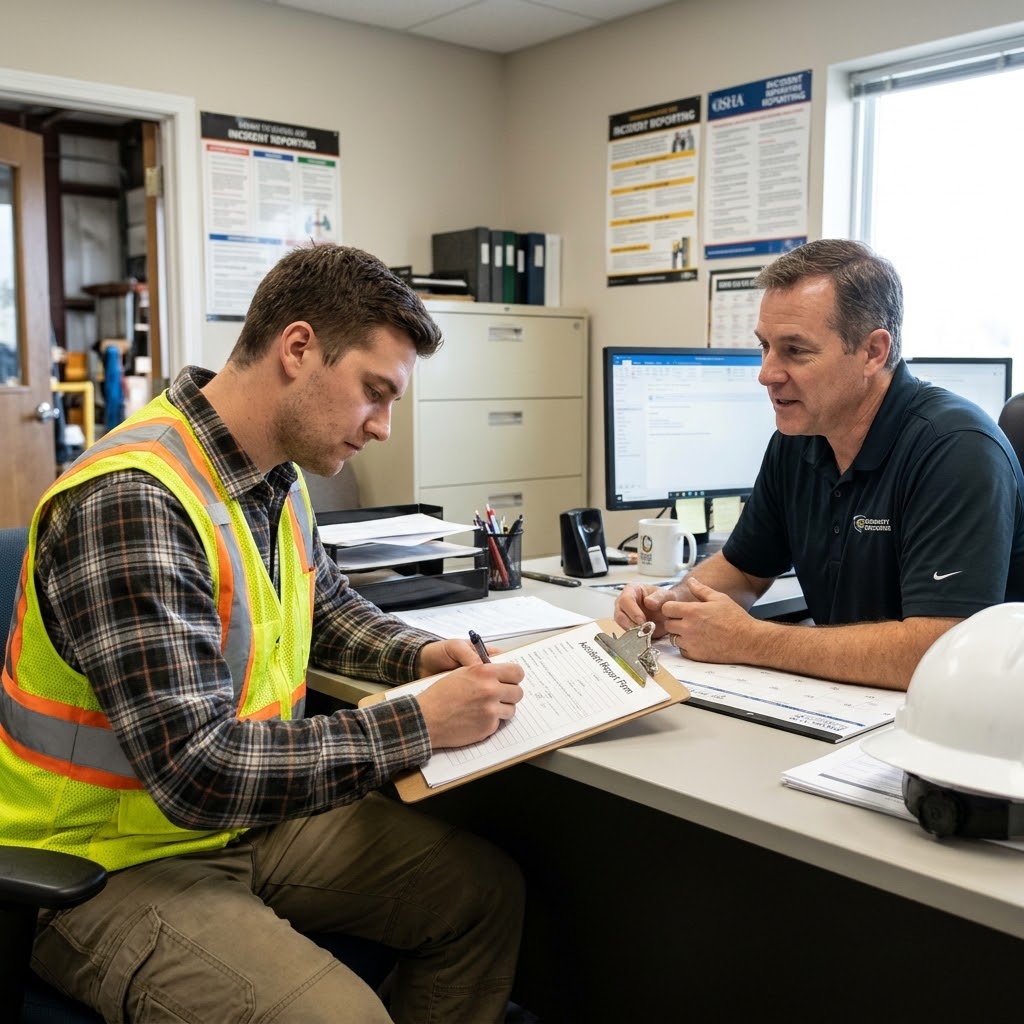 A photograph of a candid workplace scene where a worker in their late 20s or early 30s is filling out an accident report form on a clipboard while seated at a desk with a supervisor in an office. On the left, the worker wears a plaid shirt, dark pants, and a high-visibility safety vest with reflective stripes as they focus on writing with a pen. Next to them, on the right, a supervisor in their late 40s or early 50s, wearing a dark polo shirt, leans forward to offer guidance, looking attentively at the worker. The desk between them holds a laptop, paperwork, a computer monitor, a hard hat, and other office supplies. The background shows an active industrial office setting with filing cabinets, safety and OSHA-style posters on the wall, and a window letting in natural daylight.