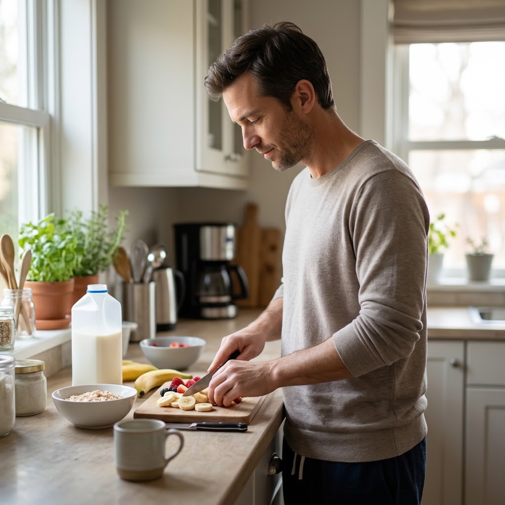 A natural, 4K candid photograph of a man in his late 30s standing comfortably at a kitchen counter on a sunlit morning. Wearing a casual long-sleeve tee, he is calmly slicing fruit on a wooden cutting board to prepare a healthy breakfast. Natural daylight streams through the window, illuminating the counter, which features bowls of oats, bananas, berries, a milk carton, and a ceramic mug. The kitchen, with its soft-focus background of cabinets, potted herbs, and a coffee maker, is warm and inviting. Camera: candid indoor depth of field.