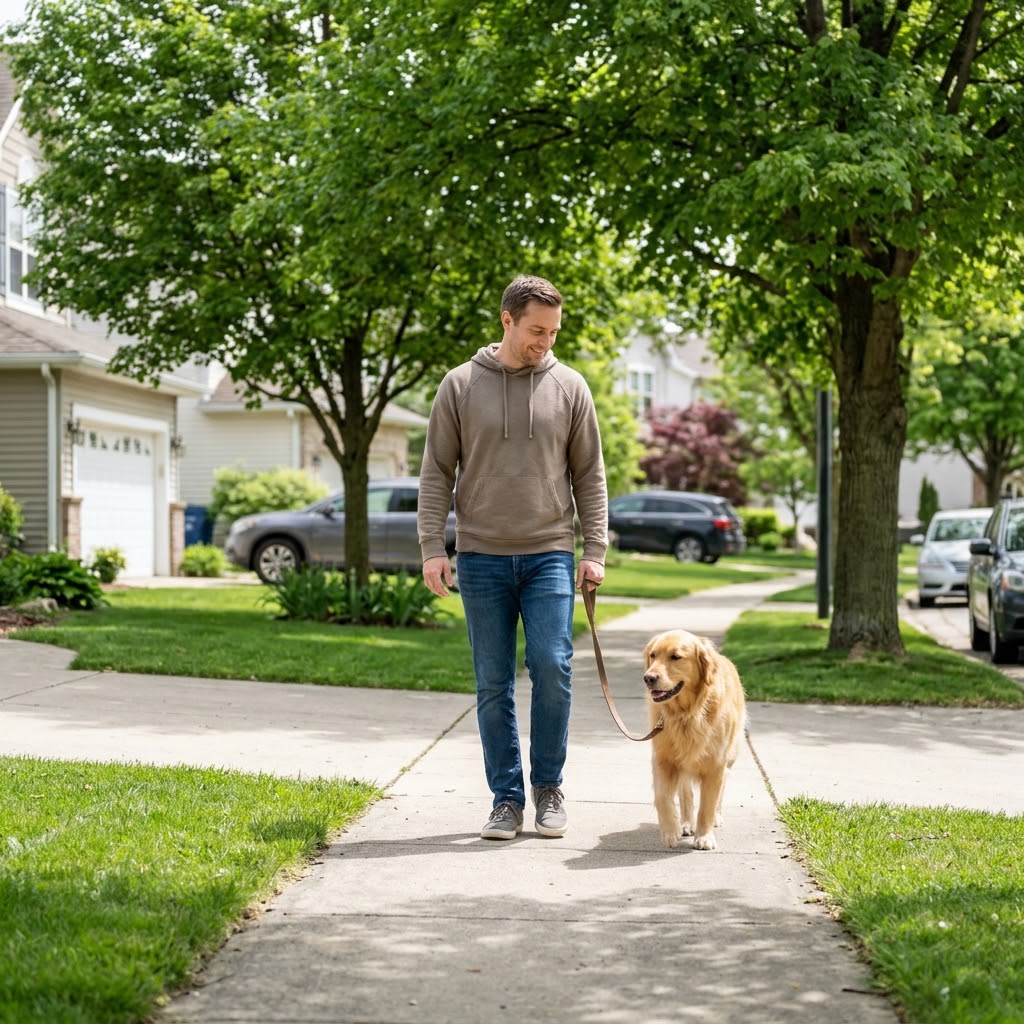 A realistic, professional 4K candid photograph of a relaxed person in their mid-30s walking a friendly golden retriever on a leash along a quiet, tree-lined neighborhood sidewalk on a bright day. The person is dressed in casual weekend wear—a hoodie and jeans—with a gentle, easygoing smile, glancing down at their dog. The happy golden retriever is walking beside them on a loose leash. The concrete sidewalk curves slightly, bordered by green front yards, suburban houses, driveways, and mature, leafy green trees that cast dappled shadows on the path. Other houses, parked cars, and suburban foliage are in the soft-focus background. Photographer: natural, candid depth of field. Captured on a digital camera with natural outdoor lighting, emphasizing a peaceful, natural outdoor routine. No text, logos, or overlays.