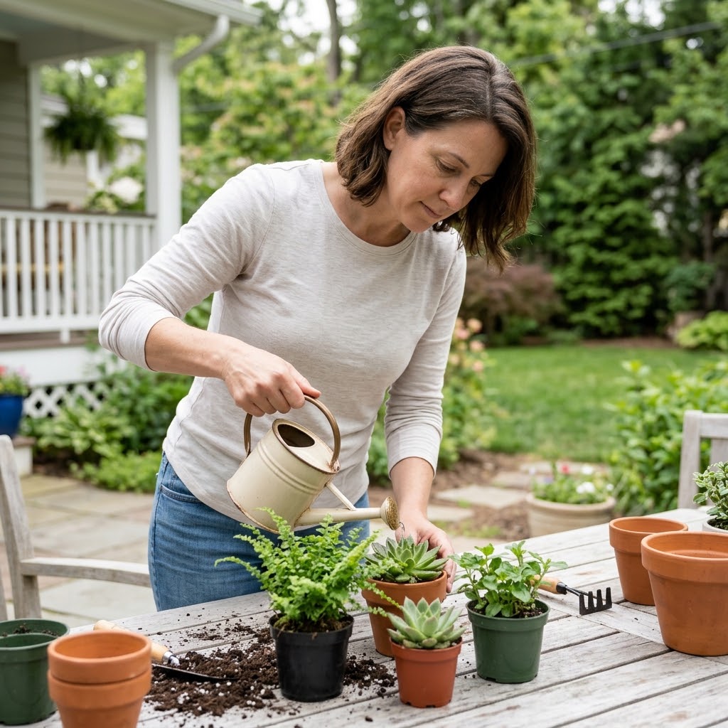 A natural, 4K candid photograph of a woman in her early 40s wearing a casual beige shirt and jeans, focused on watering small green houseplants on an outdoor patio table. With a small vintage-style watering can, she gently waters small potted plants—ferns, succulents, and herbs—clustered on the weathered wooden table. Potting soil, small hand tools, and terracotta pots are scattered naturally nearby. In the natural daylight, the background features the soft-focus view of her backyard, including a porch, a patio, and dense greenery. Camera: natural candid depth of field.