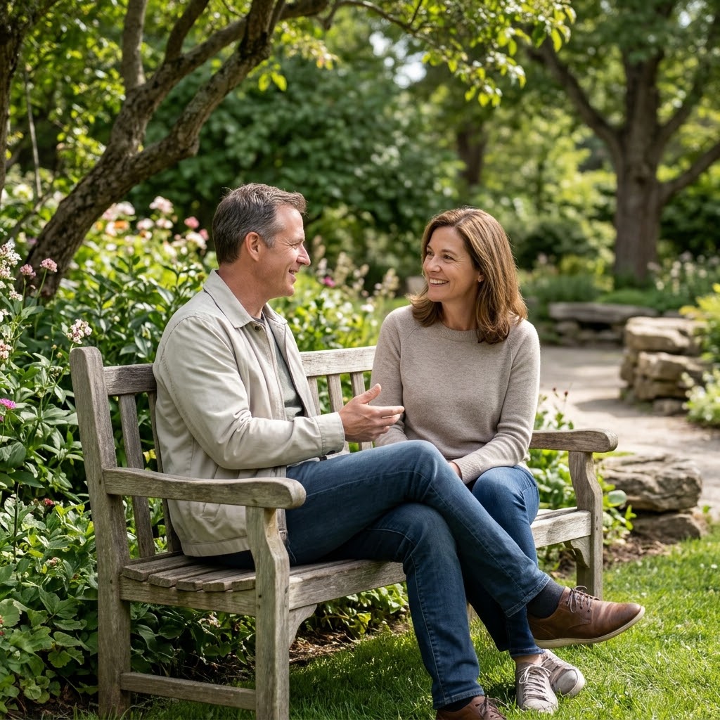Two adults smiling and having a pleasant conversation while seated outdoors on a quiet garden bench.