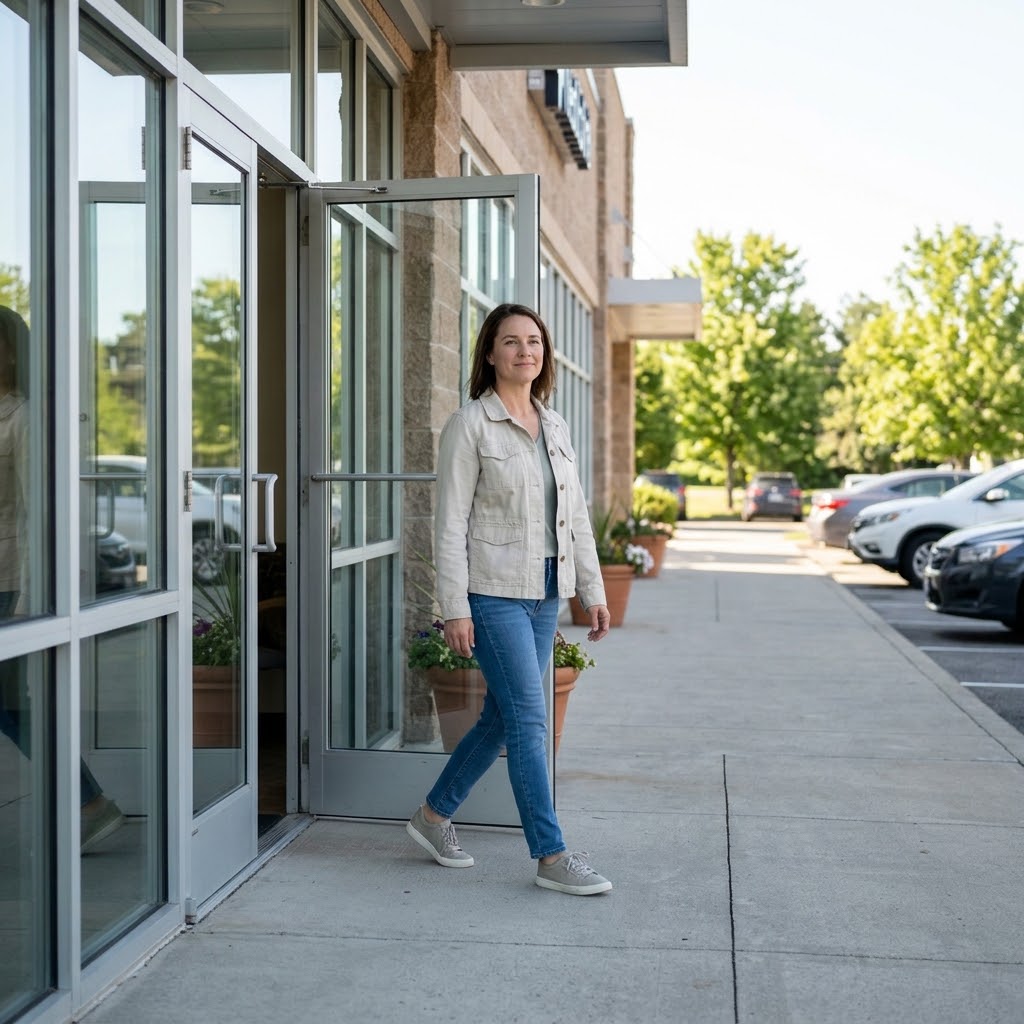 A natural, 4K candid photograph of a woman in her 40s wearing casual everyday clothing, stepping through the glass doors of a medical clinic into the bright, natural daylight. She has a peaceful, confident expression with a subtle, relieved smile as she walks onto the concrete walkway outside the entrance. The clinic's modern glass doors and brick exterior are featured on the left, with potted plants nearby. A parking lot with cars and leafy green trees are visible in the soft-focus background, highlighting a successful, comforting departure. Camera: natural outdoor depth of field.