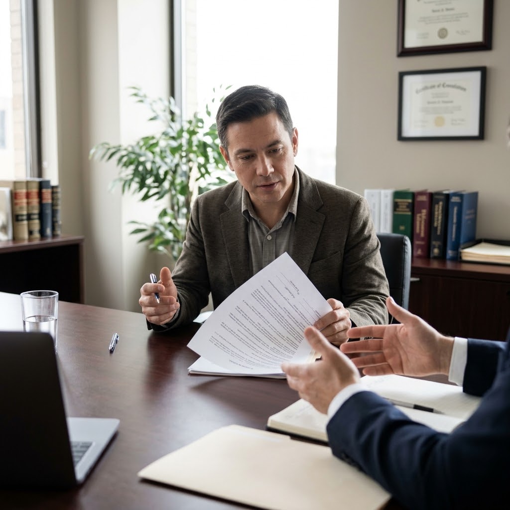 A photograph of a candid meeting in a professional consultation setting, with an individual in his 40s actively reviewing legal documents with an adviser. The man on the left, wearing a textured brown blazer over a grey shirt, is seated at a dark wood table, holding a pen and a multi-page legal document with a focused expression.
Opposite him, on the right, the hands and forearm of an adviser in a dark blue suit are visible, gesturing toward the papers to explain a point. A laptop, a glass of water, files, and notebooks are on the table. The background features office elements such as a window letting in natural daylight, a houseplant, bookshelves with legal books, and framed certificates on the wall.