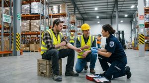 A photograph of a busy, modern warehouse where an injured employee is receiving first aid from a colleague and a paramedic, emphasizing a supportive workplace safety scene. On the left, a man in his 30s wears a yellow high-visibility vest, flannel shirt, and dark pants, sitting on a plastic crate. He calmly holds out his arm, which already has a small bandage, as he speaks with the other responders. His safety glasses rest on his forehead. Kneeling in the center is a coworker in his 40s wearing a yellow hard hat and vest, gesture-communicating and offering supportive words. On the right, a female paramedic in a dark blue uniform with EMS and PARAMEDIC patches, wearing blue nitrile gloves, is knelt on the concrete floor attending to the worker, with an open first aid kit beside her. The background shows expansive metal racking systems stacked with boxes, safety signage on columns, and other workers in high-visibility gear in the distance under bright overhead industrial lighting.