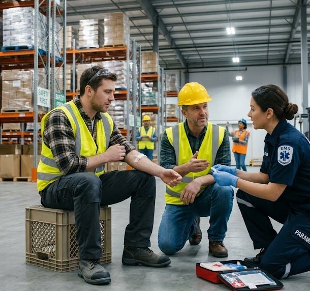 A photograph of a busy, modern warehouse where an injured employee is receiving first aid from a colleague and a paramedic, emphasizing a supportive workplace safety scene. On the left, a man in his 30s wears a yellow high-visibility vest, flannel shirt, and dark pants, sitting on a plastic crate. He calmly holds out his arm, which already has a small bandage, as he speaks with the other responders. His safety glasses rest on his forehead. Kneeling in the center is a coworker in his 40s wearing a yellow hard hat and vest, gesture-communicating and offering supportive words. On the right, a female paramedic in a dark blue uniform with EMS and PARAMEDIC patches, wearing blue nitrile gloves, is knelt on the concrete floor attending to the worker, with an open first aid kit beside her. The background shows expansive metal racking systems stacked with boxes, safety signage on columns, and other workers in high-visibility gear in the distance under bright overhead industrial lighting.