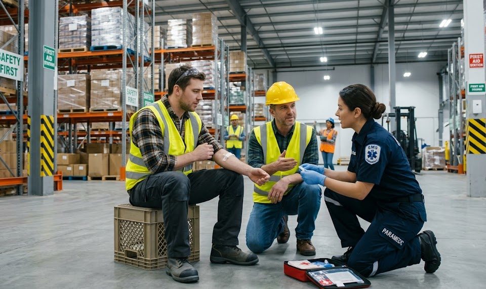A photograph of a busy, modern warehouse where an injured employee is receiving first aid from a colleague and a paramedic, emphasizing a supportive workplace safety scene. On the left, a man in his 30s wears a yellow high-visibility vest, flannel shirt, and dark pants, sitting on a plastic crate. He calmly holds out his arm, which already has a small bandage, as he speaks with the other responders. His safety glasses rest on his forehead. Kneeling in the center is a coworker in his 40s wearing a yellow hard hat and vest, gesture-communicating and offering supportive words. On the right, a female paramedic in a dark blue uniform with EMS and PARAMEDIC patches, wearing blue nitrile gloves, is knelt on the concrete floor attending to the worker, with an open first aid kit beside her. The background shows expansive metal racking systems stacked with boxes, safety signage on columns, and other workers in high-visibility gear in the distance under bright overhead industrial lighting.