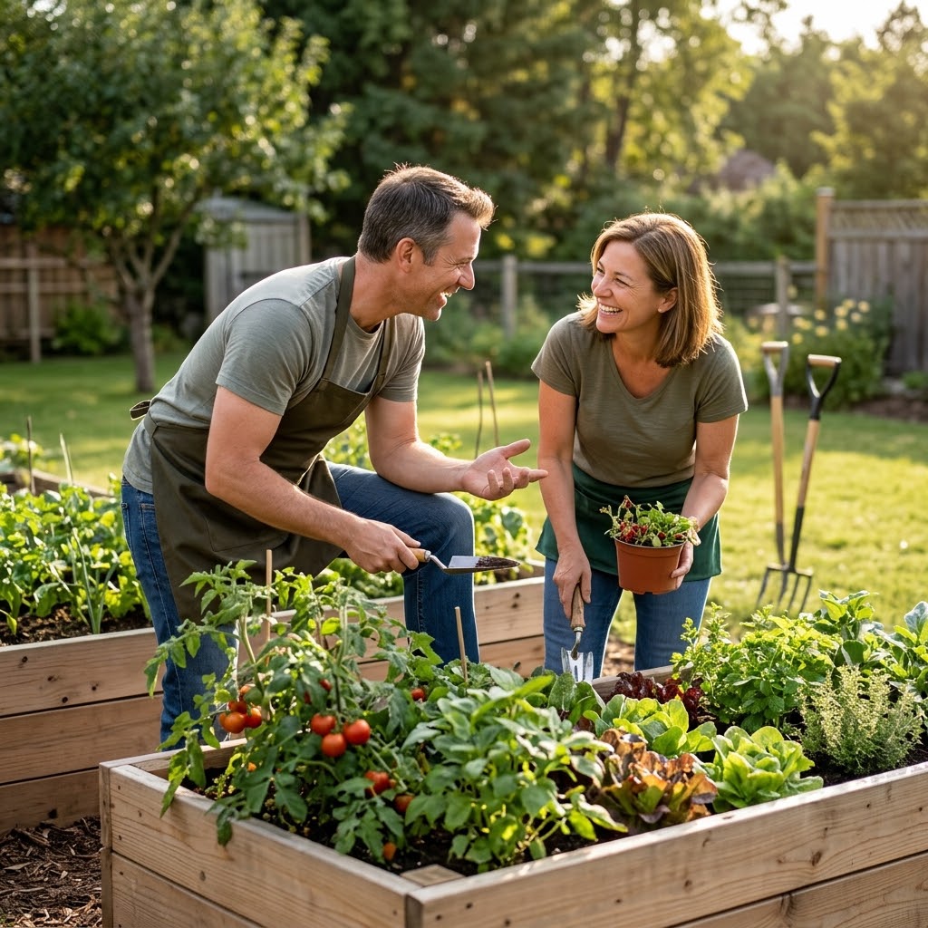 Two family members sharing a smile while caring for green plants in a sunny backyard raised garden.