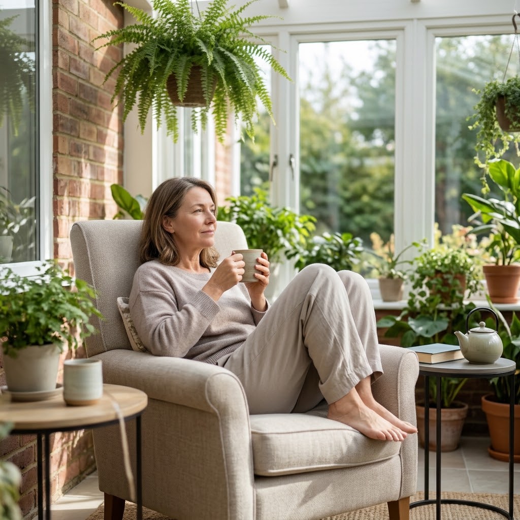 A natural, 4K candid photograph of a woman in her late 40s resting comfortably in a plush armchair inside a sunlit sunroom. She is wearing casual, soft loungewear, leaning back with her feet tucked up, quietly holding a warm ceramic mug of tea. Bright, natural daylight pours through the large windows, illuminating the room filled with hanging ferns, potted leafy plants, and brick accents. Side tables holding books, a ceramic teapot, and cups add to the relaxing environment. Through the glass, a lush outdoor garden is visible. Camera: natural candid depth of field.