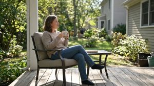 A natural, 4K candid photograph of a relaxed woman in her 40s sitting on a sunlit back porch during a mild morning. Wearing a cozy knit sweater and jeans, she is seated comfortably in an outdoor chair, looking peaceful as she holds a steaming ceramic mug. A small side table holds a book nearby on the weathered wooden deck. Natural sunlight filters through lush backyard trees, casting soft shadows across the peaceful scene. Camera: natural candid depth of field.