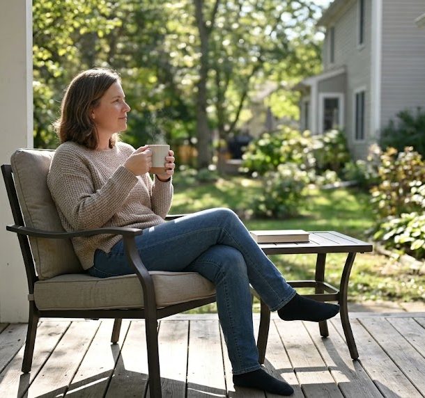 A natural, 4K candid photograph of a relaxed woman in her 40s sitting on a sunlit back porch during a mild morning. Wearing a cozy knit sweater and jeans, she is seated comfortably in an outdoor chair, looking peaceful as she holds a steaming ceramic mug. A small side table holds a book nearby on the weathered wooden deck. Natural sunlight filters through lush backyard trees, casting soft shadows across the peaceful scene. Camera: natural candid depth of field.