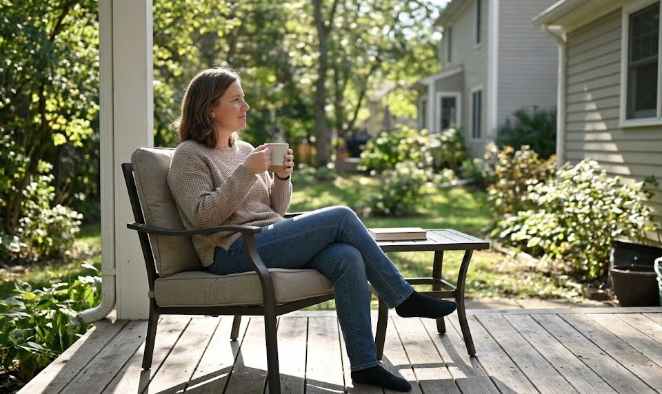 A natural, 4K candid photograph of a relaxed woman in her 40s sitting on a sunlit back porch during a mild morning. Wearing a cozy knit sweater and jeans, she is seated comfortably in an outdoor chair, looking peaceful as she holds a steaming ceramic mug. A small side table holds a book nearby on the weathered wooden deck. Natural sunlight filters through lush backyard trees, casting soft shadows across the peaceful scene. Camera: natural candid depth of field.