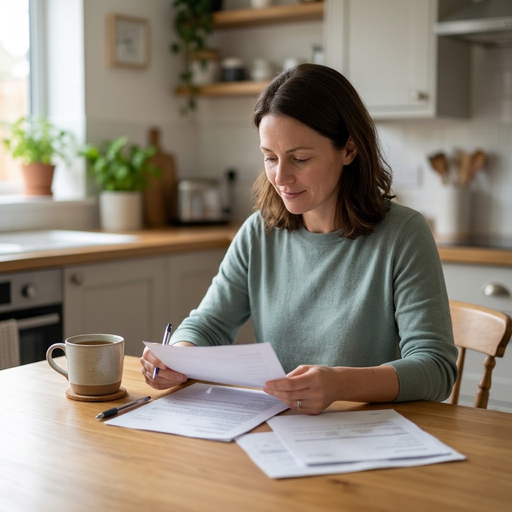 A natural, 4K candid photograph of a woman sitting calmly at a warm wooden kitchen table during the day. She is quietly reviewing personal paperwork, holding a pen with a gentle, focused expression. A ceramic mug of tea on a coaster sits beside her on the natural wood surface, among scattered papers. The background features a soft-focus view of a home kitchen with natural daylight, potted plants, and shelves, creating a peaceful, everyday atmosphere. Camera: natural candid depth of field.