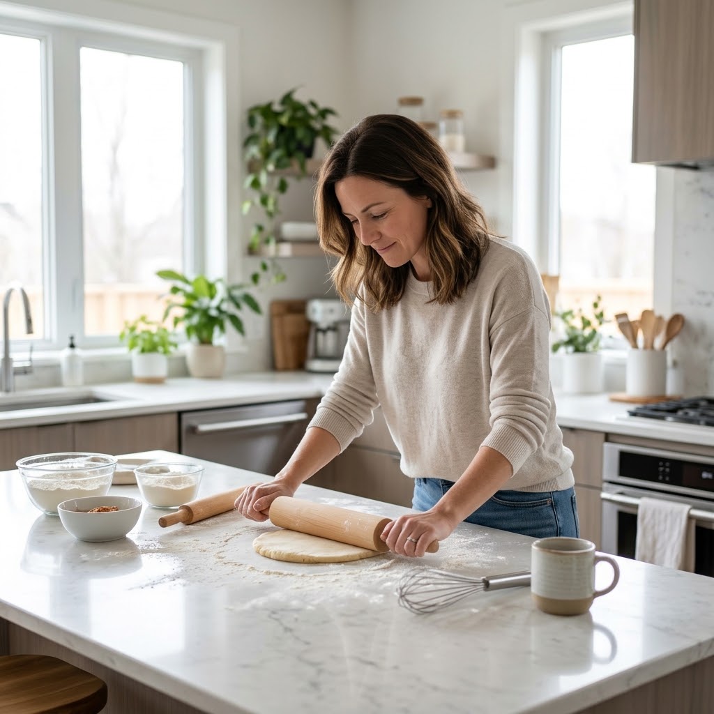 A realistic, professional 4K candid photograph of a woman in her early 40s standing comfortably at a kitchen island, rolling out fresh dough with a wooden rolling pin in a bright, modern kitchen during the day. Wearing a casual light sweater and jeans, she is leaning forward slightly, focusing on her task with a calm, content expression. The marble kitchen island is scattered with baking supplies: flour dusting the surface, bowls of ingredients, a whisk, a rolling pin, and a ceramic mug. The background features large windows, modern cabinets, houseplants, and appliances, all softly out of focus. Photographer: natural, candid depth of field. Captured on a digital camera with natural indoor lighting, emphasizing a warm, joyful cooking routine at home. No text, logos, or overlays.