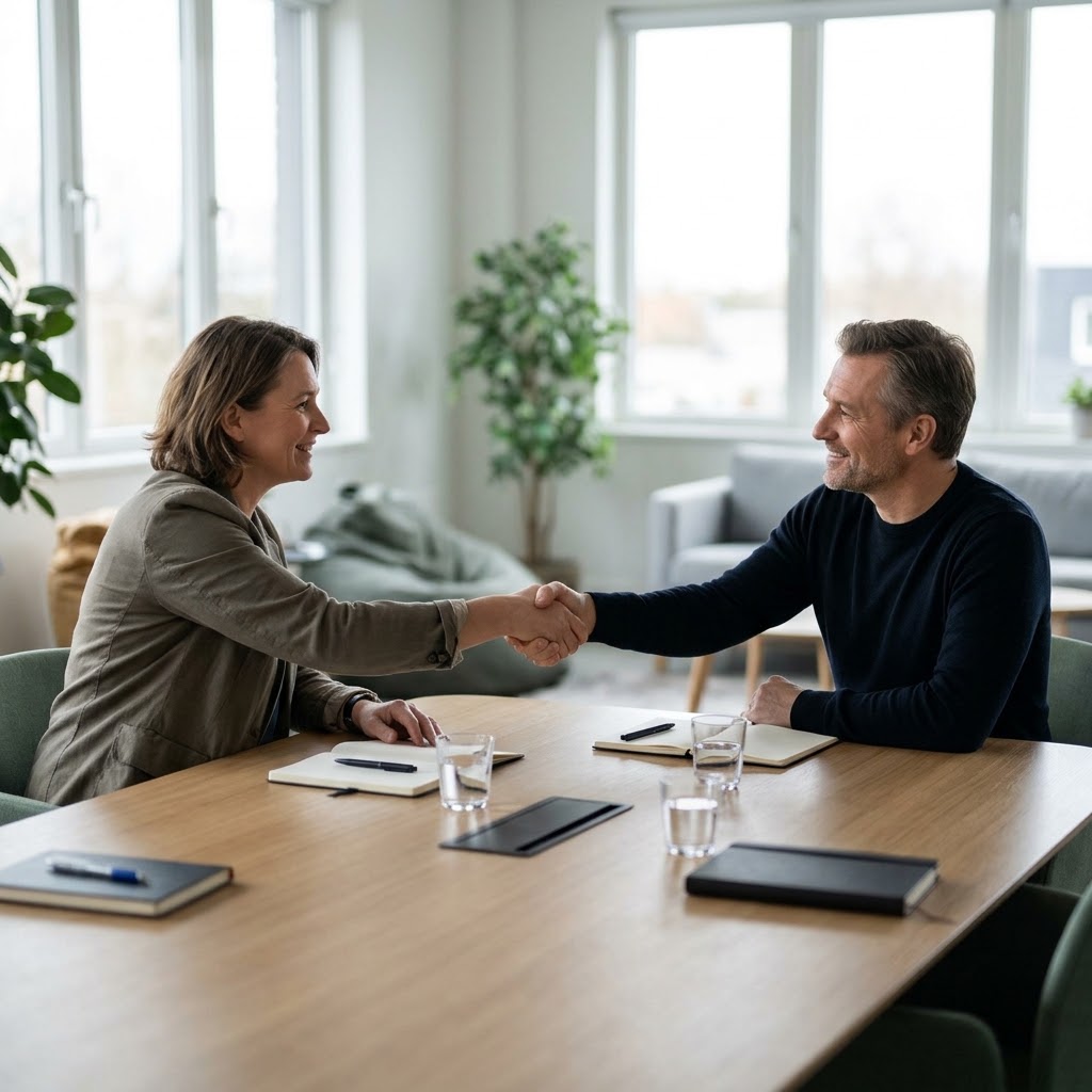 Two people sharing a reassuring handshake across a quiet, naturally lit conference table in a calm setting.